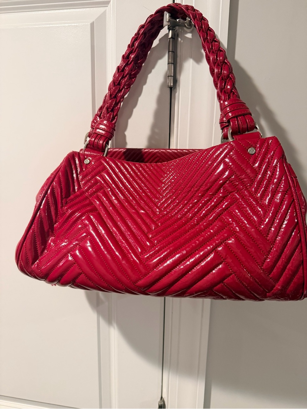 Cole Haan Red Quilted Patent Shoulder Bag with Braided Handles